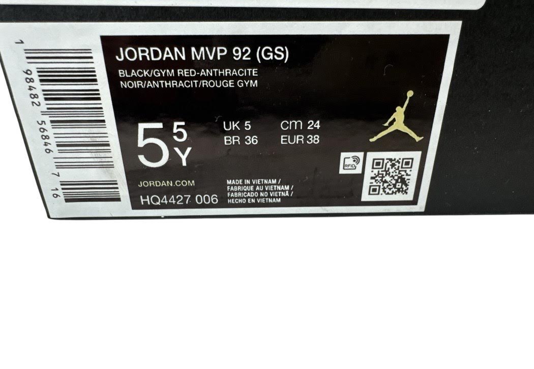 Nike Youth Jordan MVP 92 Black Red Size 5.5Y HQ4427-006