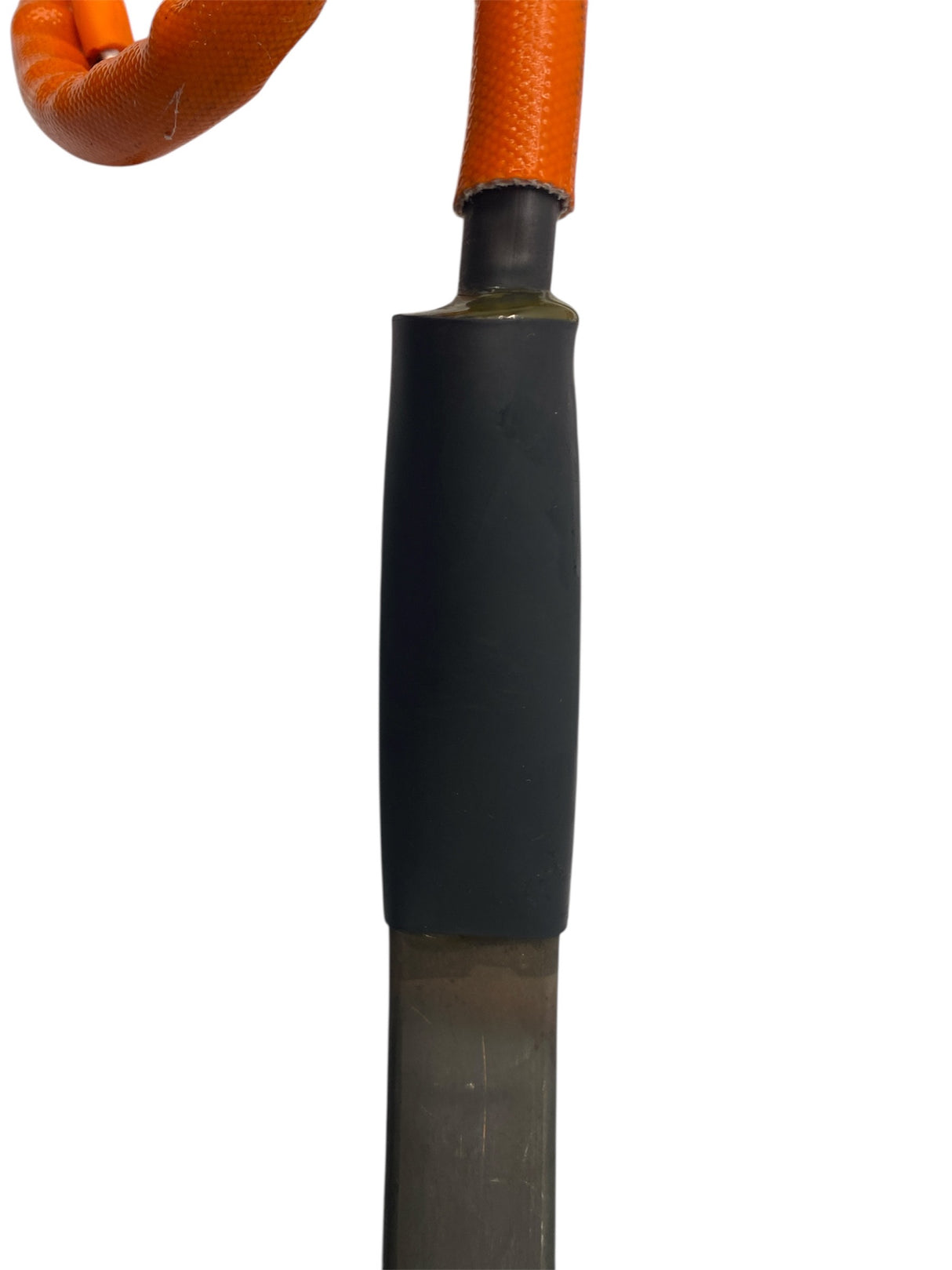 Close-up of a black metal tool with orange handle on a white background