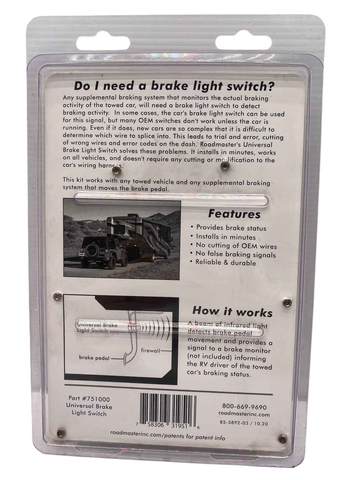 Roadmaster RM-751000 Universal Stop Light Switch Kit – Flat Tow Brake System Accessory