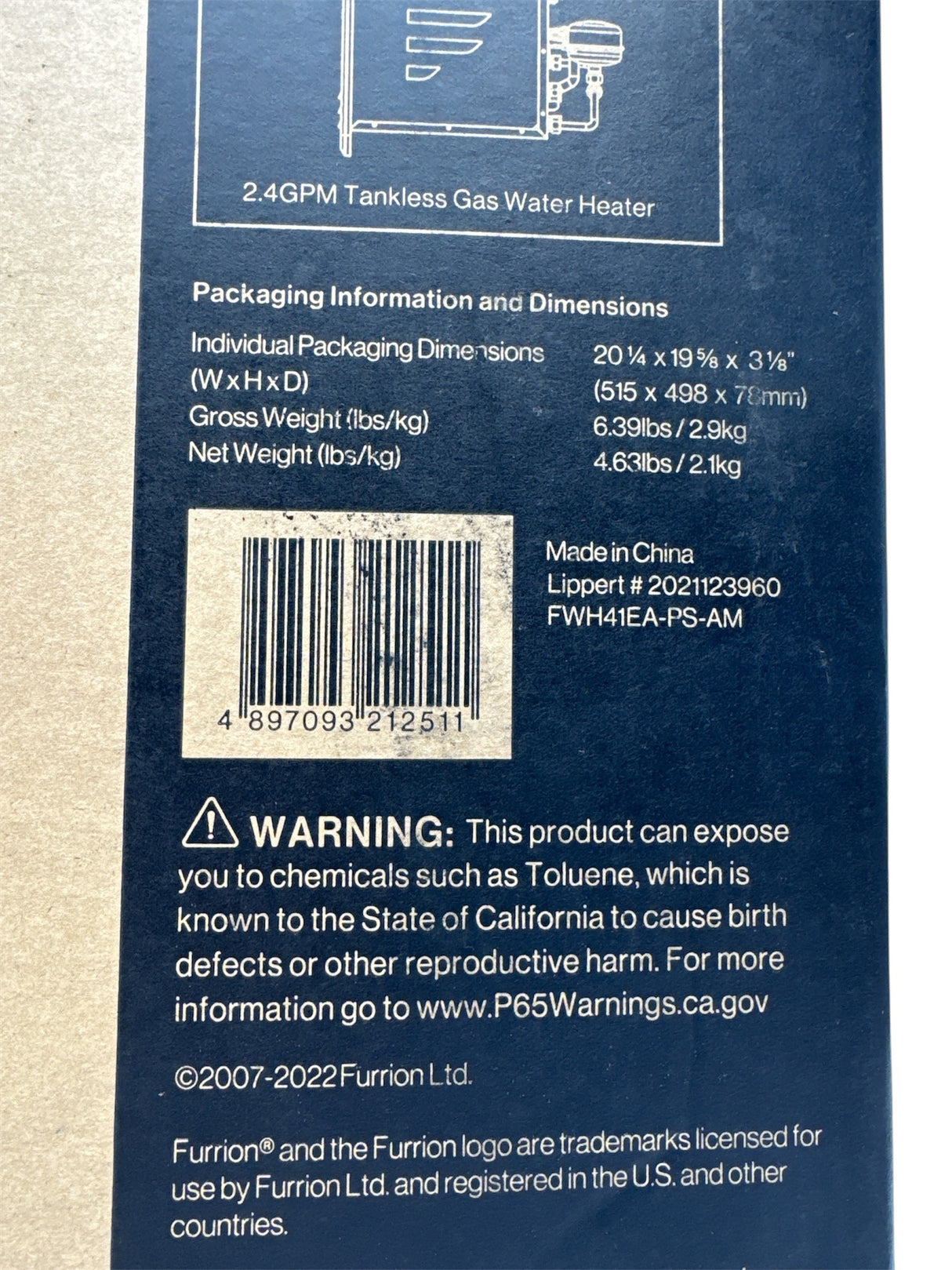 Furrion 2.4 GPM tankless water heater exterior door