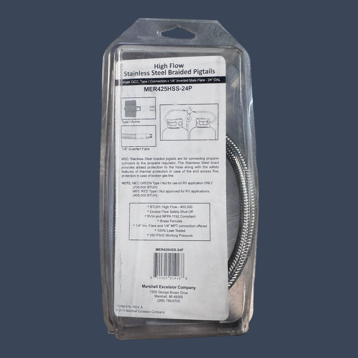 Marshall Excelsior MER425HSS-24P | High Flow Stainless Steel Braided Pigtail | 24" LP Gas Hose