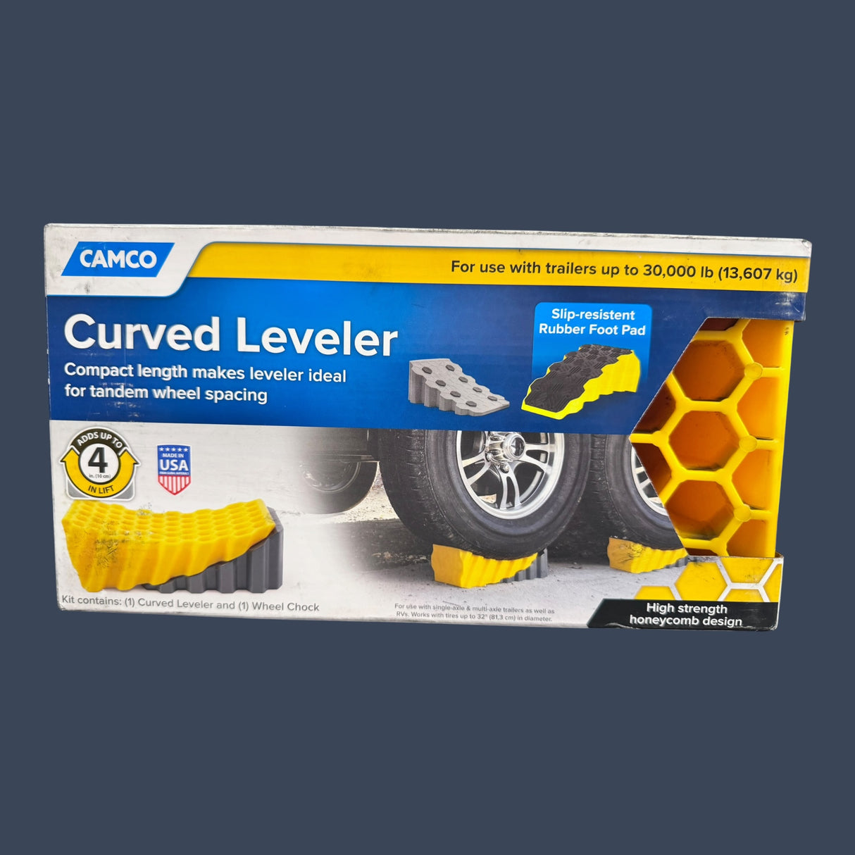 Camco 44423 | Curved Leveler & Wheel Chock | RV Trailer Leveling System
