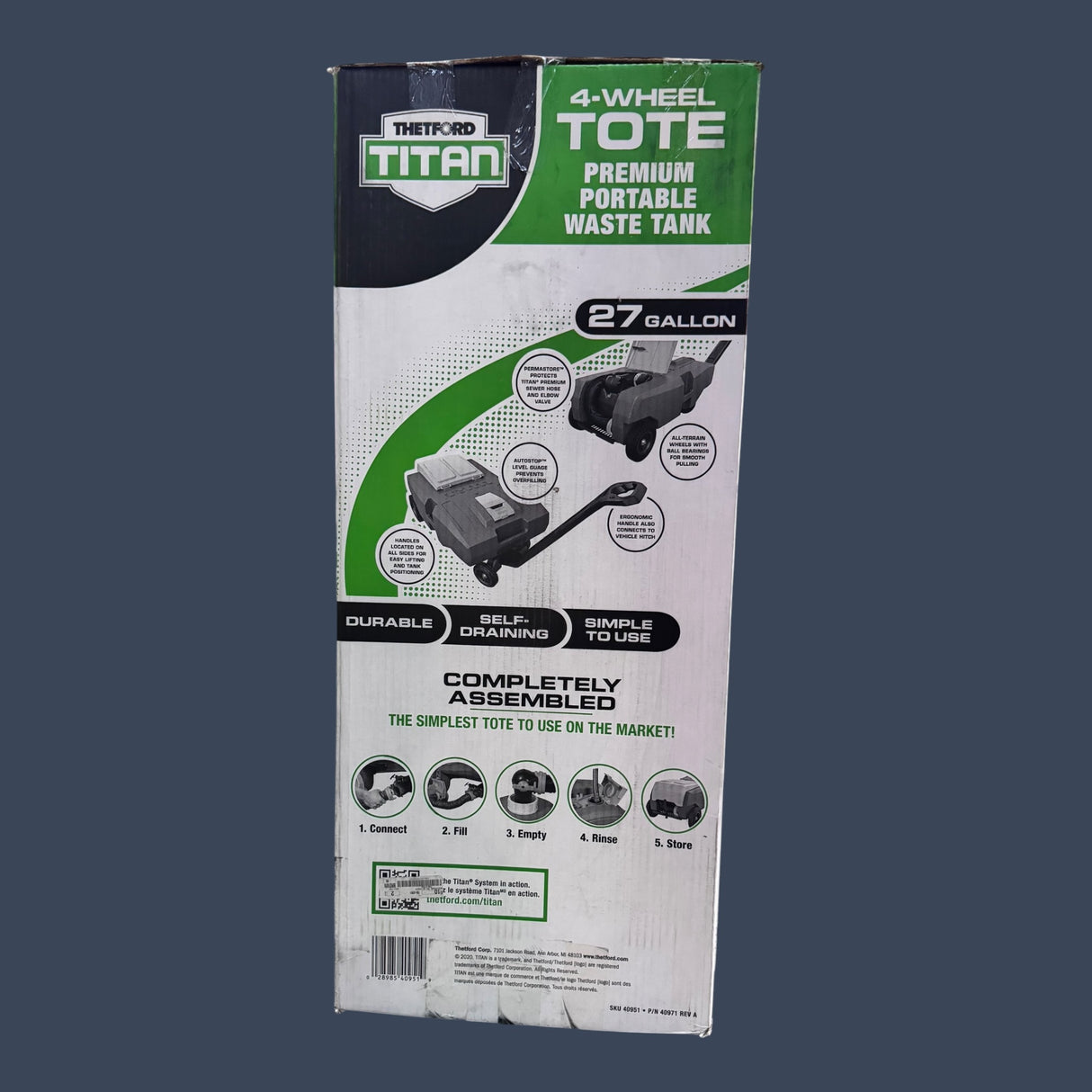 Thetford Titan 40951 | Premium Portable Waste Tank | 27 Gallon 4-Wheel RV Tote Tank