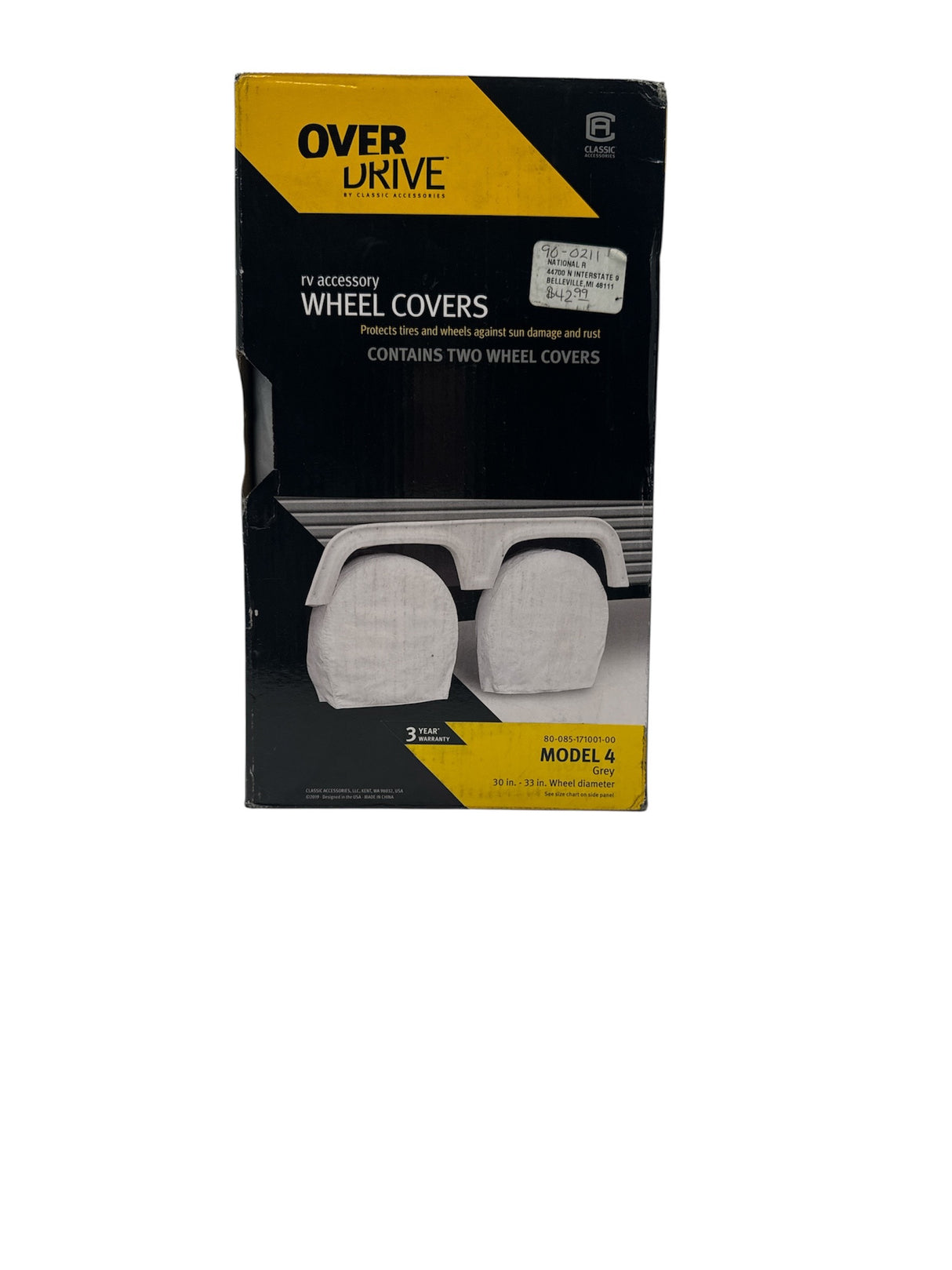 Over Drive wheel cover packaging on a white background