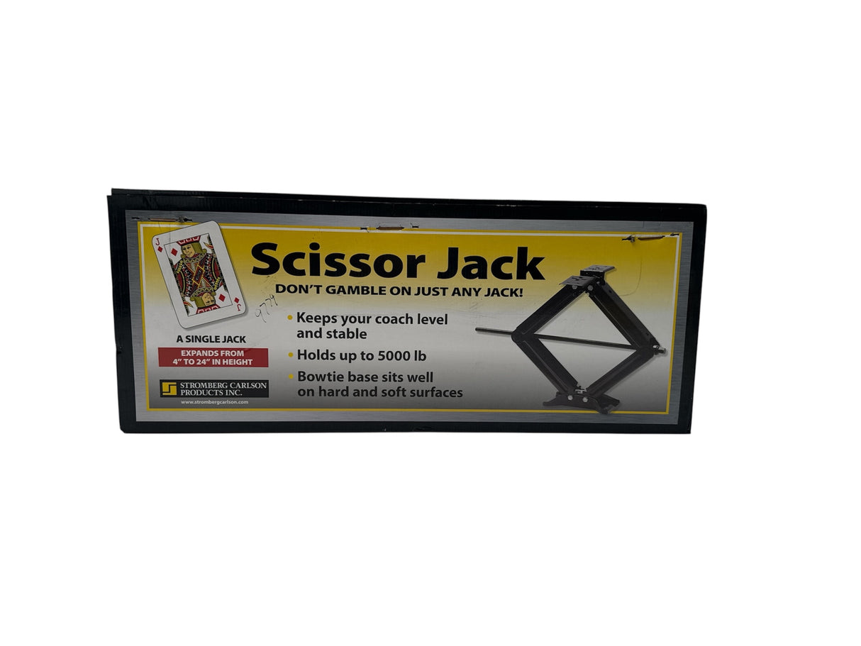 Scissor jack packaging with branding and product details on a white background