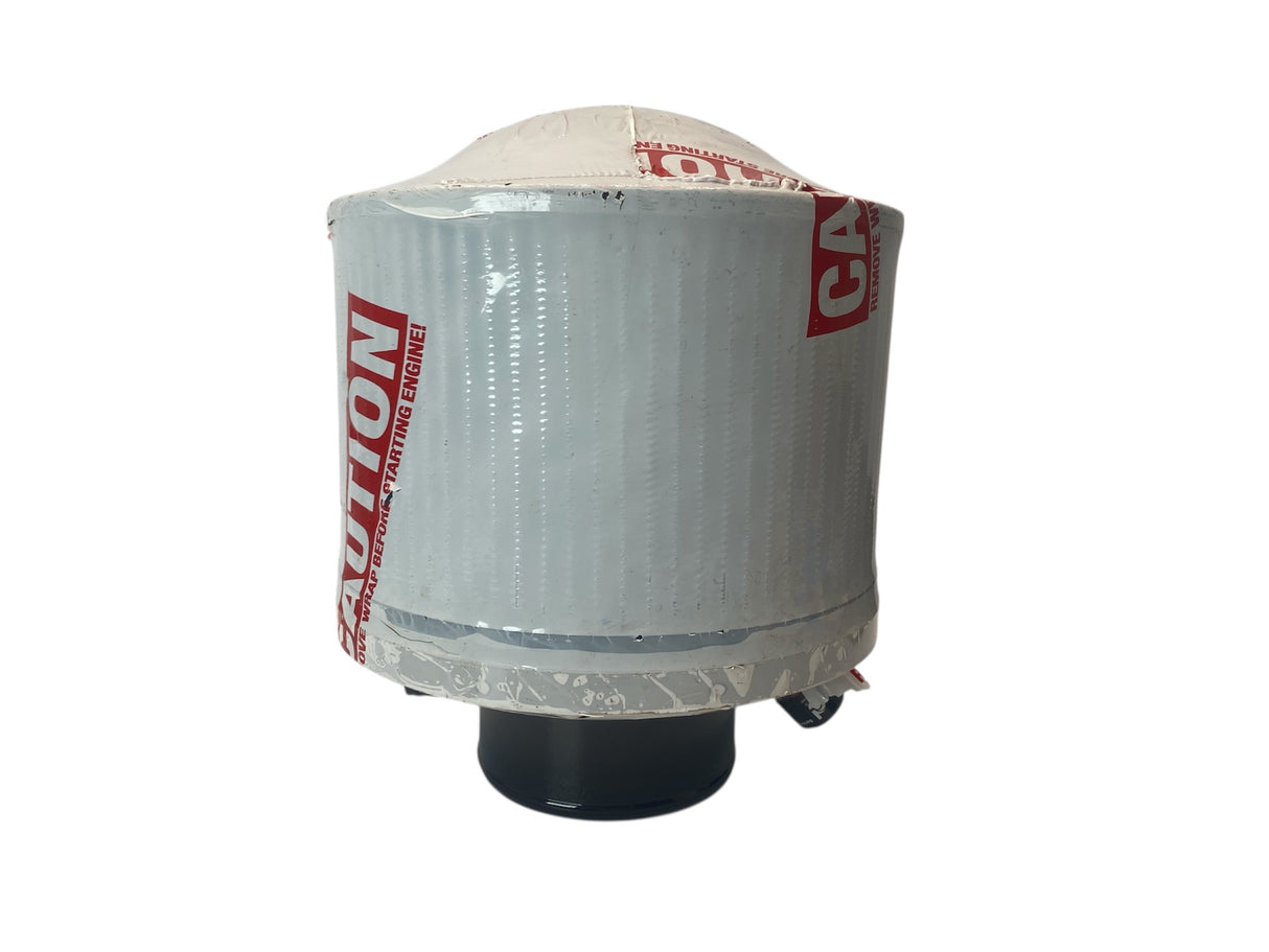 Round industrial filter with protective covering on a white background