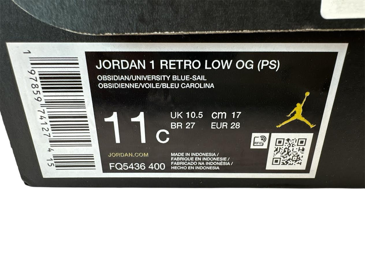 Jordan 1 Retro Low OG (PS) sneaker box label with product details.