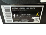 Jordan 1 Retro Low OG (PS) sneaker box label with product details.
