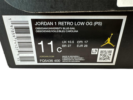 Jordan 1 Retro Low OG (PS) sneaker box label with product details.