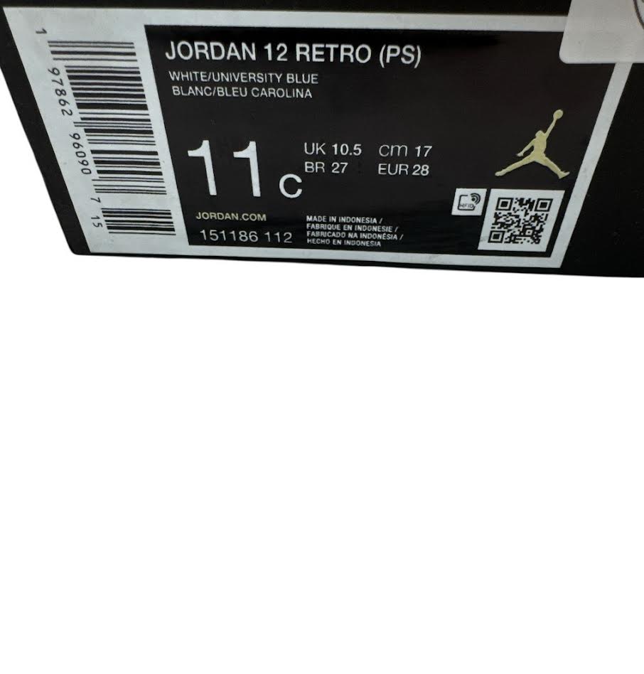 Jordan 12 Retro shoe size label with branding and product details on a white background