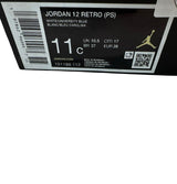 Jordan 12 Retro shoe size label with branding and product details on a white background