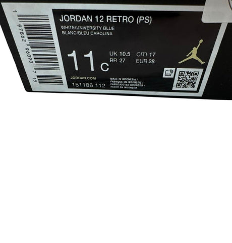 Jordan 12 Retro shoe size label with branding and product details on a white background