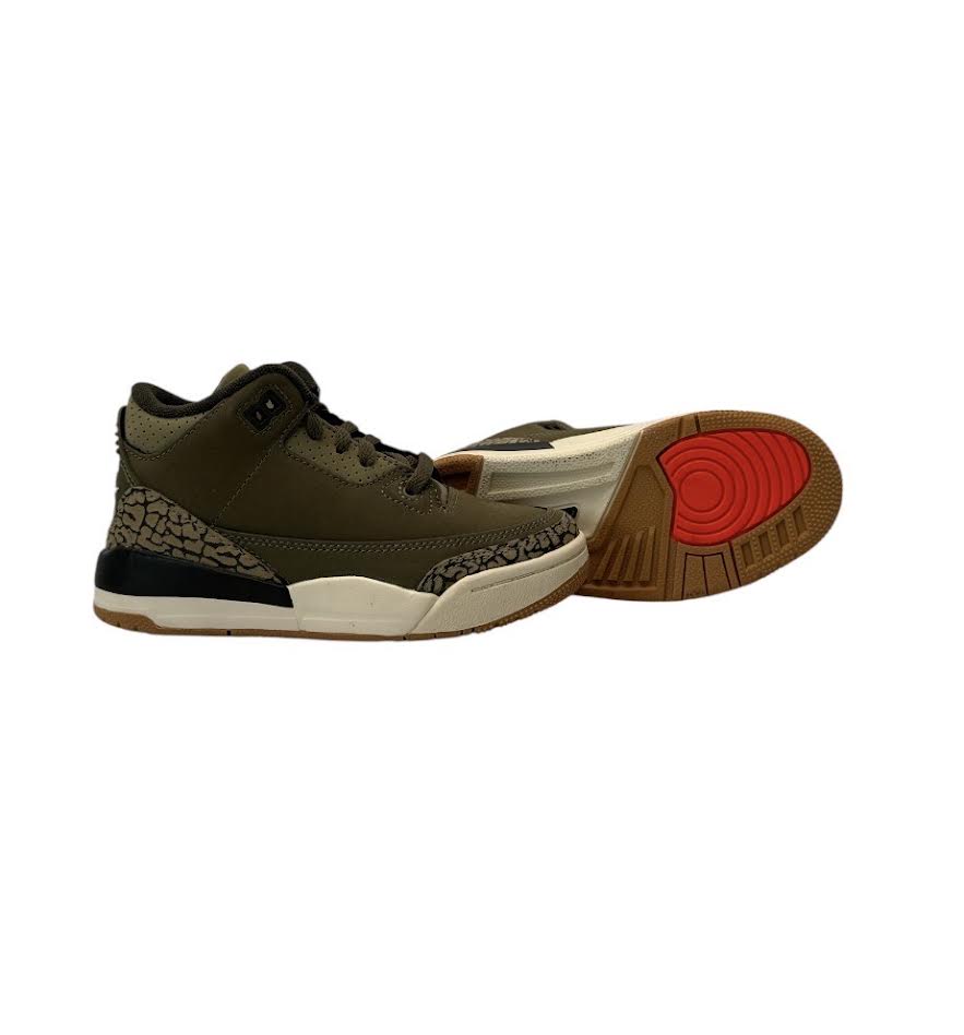 Pair of sneakers with a green, black, and brown color scheme on a white background