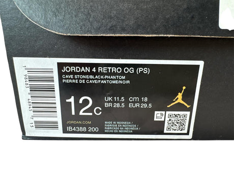 Jordan 4 Retro OG (PS) shoe box label with size 12c on a white background