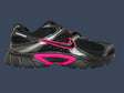 Black and pink running shoe on a dark blue background