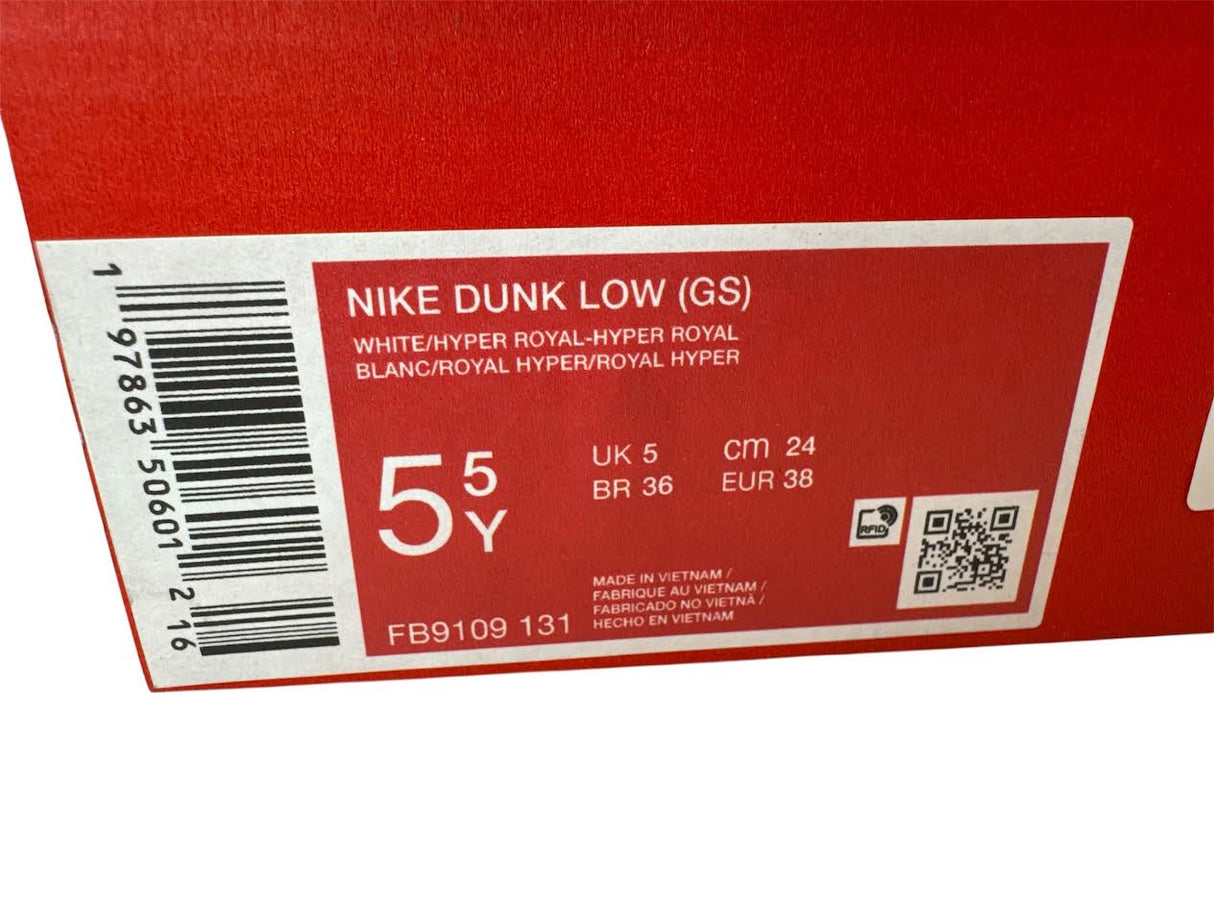 Nike Youth Dunk Low GS White Hyper Royal Size 5Y FB9109-131