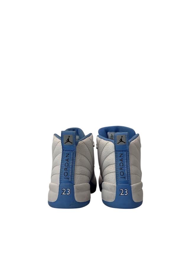 Pair of Jordan basketball shoes with blue and gray design on a white background