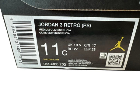 Jordan 3 Retro shoe box label with size 11c and brand logo.
