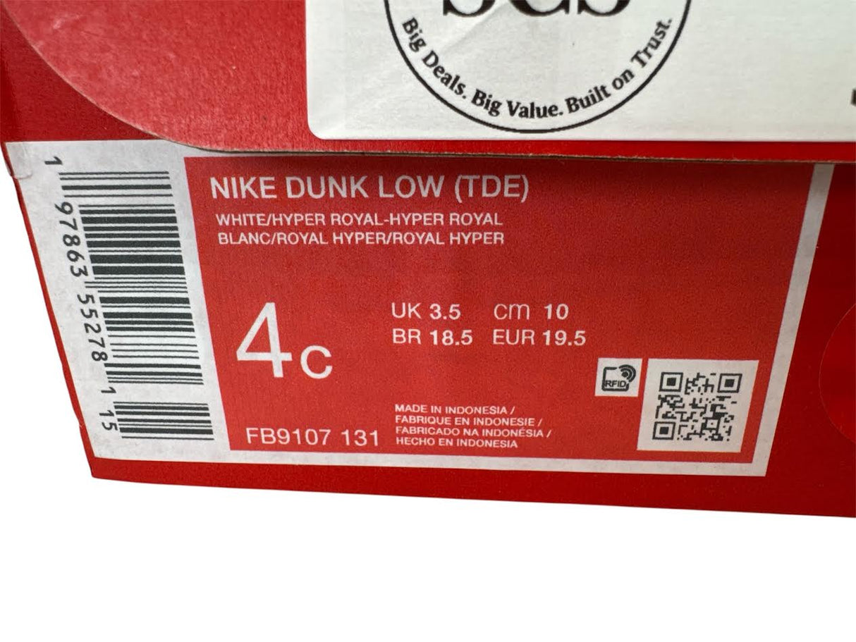 Toddler Nike Dunk Low White Hyper Royal Size 4C FB9107-131
