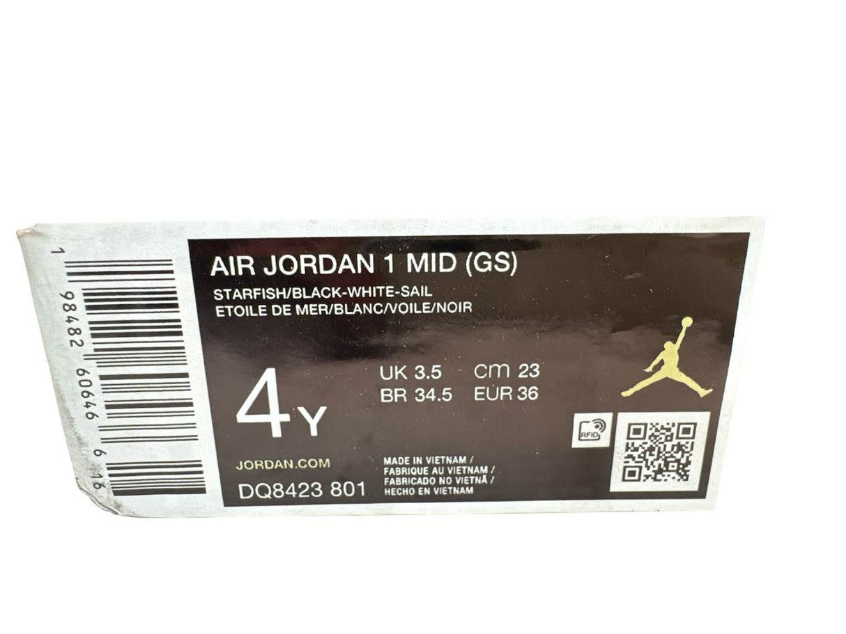 Air Jordan 1 Mid shoe box label with product details on a white background