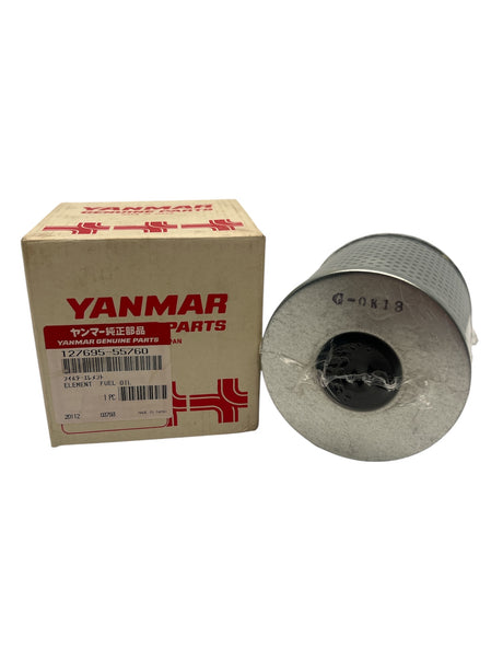 Close-up label and part number YM-127695-55760 on Yanmar genuine OEM fuel filter element for 6CXM-GTE2