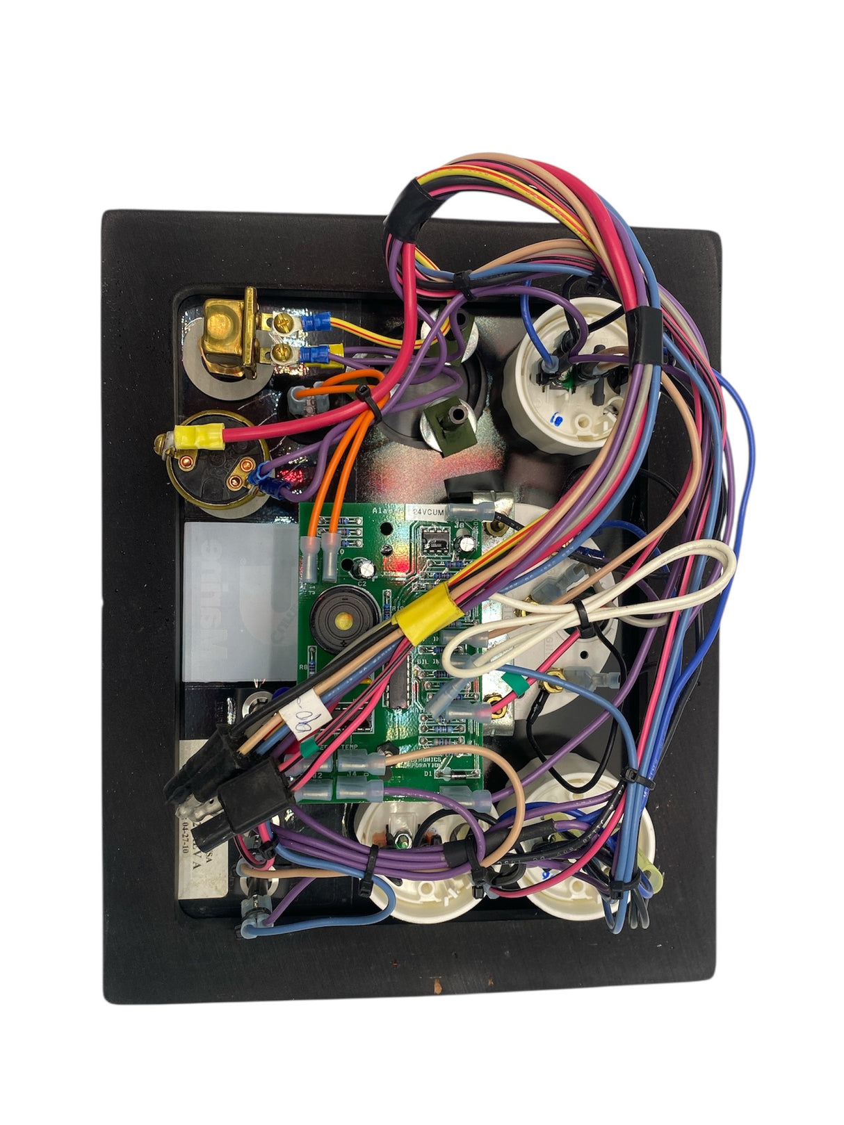 Electronic circuit board with various components and wires on a white background