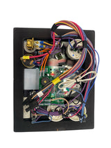 Electronic circuit board with various components and wires on a white background