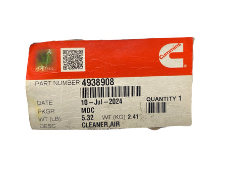 Cummins air cleaner packaging with part number 4938908 on a white background
