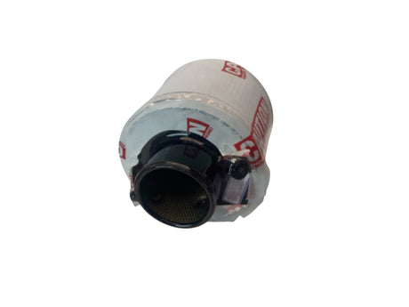 White cylindrical object with red text and black interior on a white background