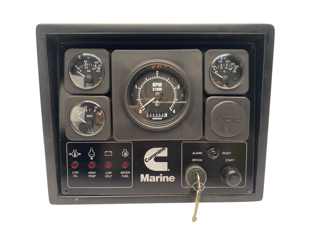 Marine dashboard with gauges and controls on a white background