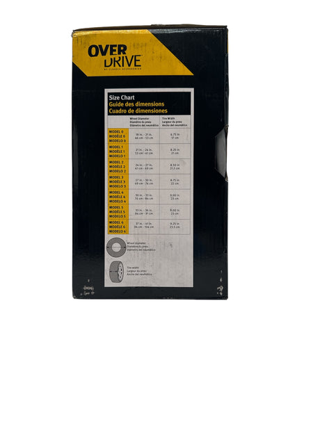 OverDrive product packaging with size chart on a white background