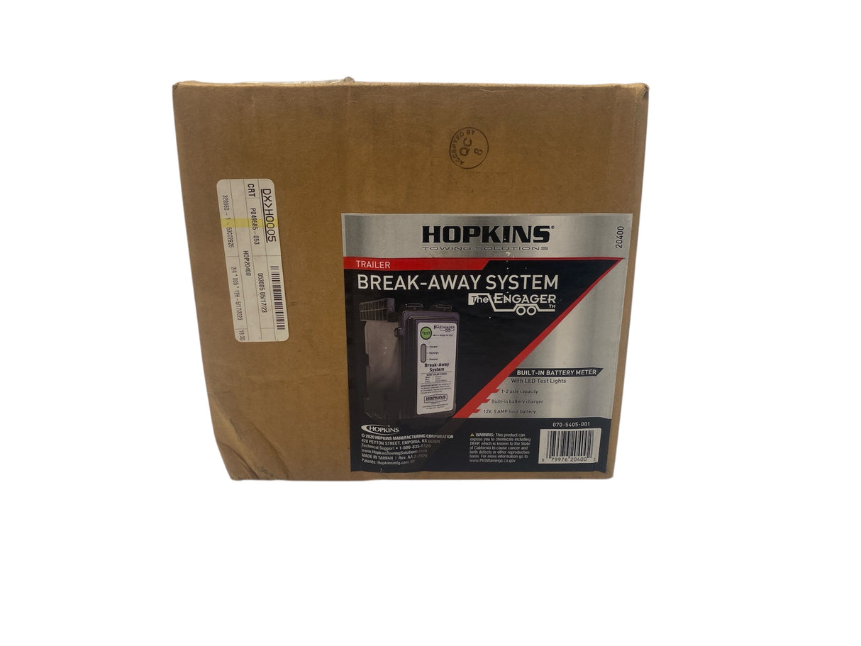Hopkins Towing Solutions 20400 Engager FT Breakaway Kit side view showing LED battery test button, mounting bracket, and durable polymer housing.