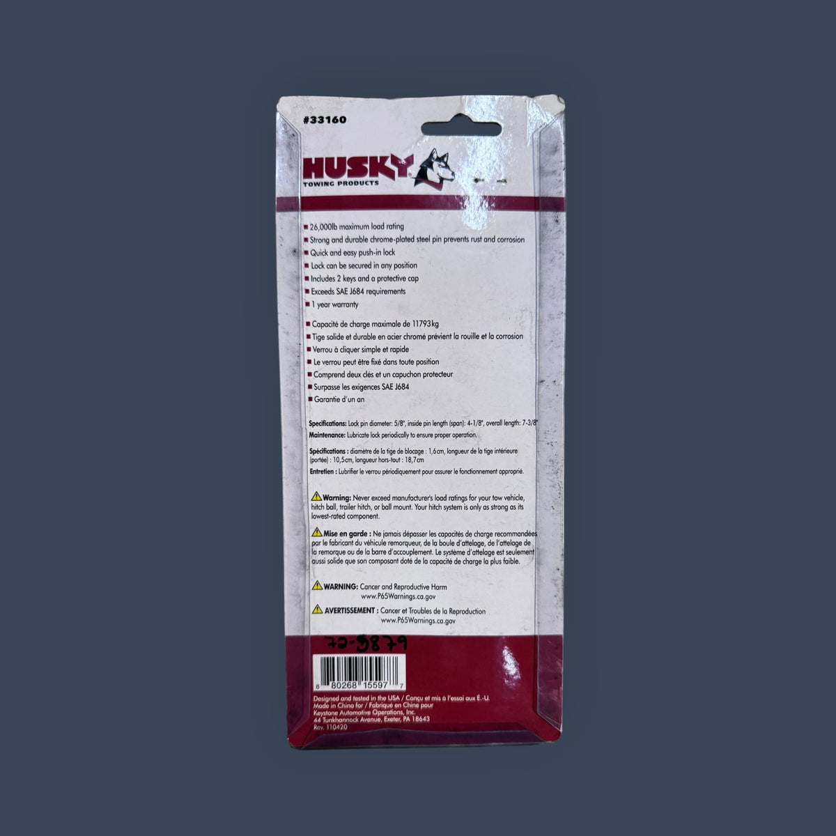 Husky Towing | 33160 | Super Duty 5/8" Bent Hitch Pin | 26,000 lb Capacity