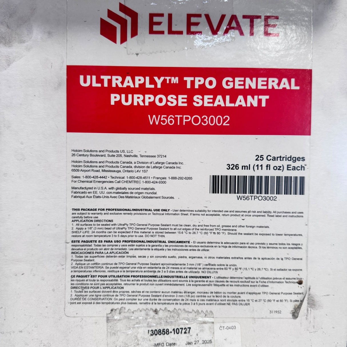 Elevate UltraPly TPO General Sealant | Pack of 25 (11 fl oz Cartridges) Item #W56TPO3002