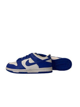 Blue and white sneaker with Nike logo on a white background