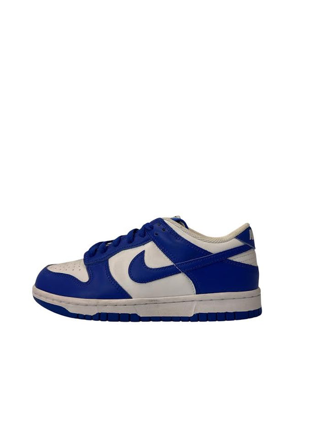 Blue and white sneaker with a prominent logo on a white background