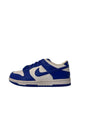 Blue and white sneaker with a prominent logo on a white background