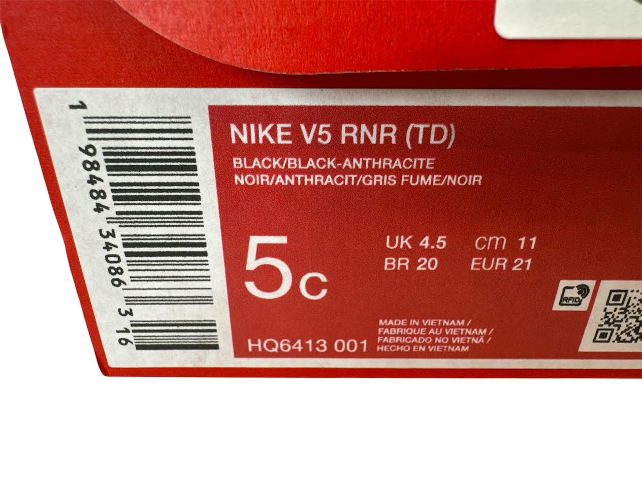 Red Nike product label with size and color information