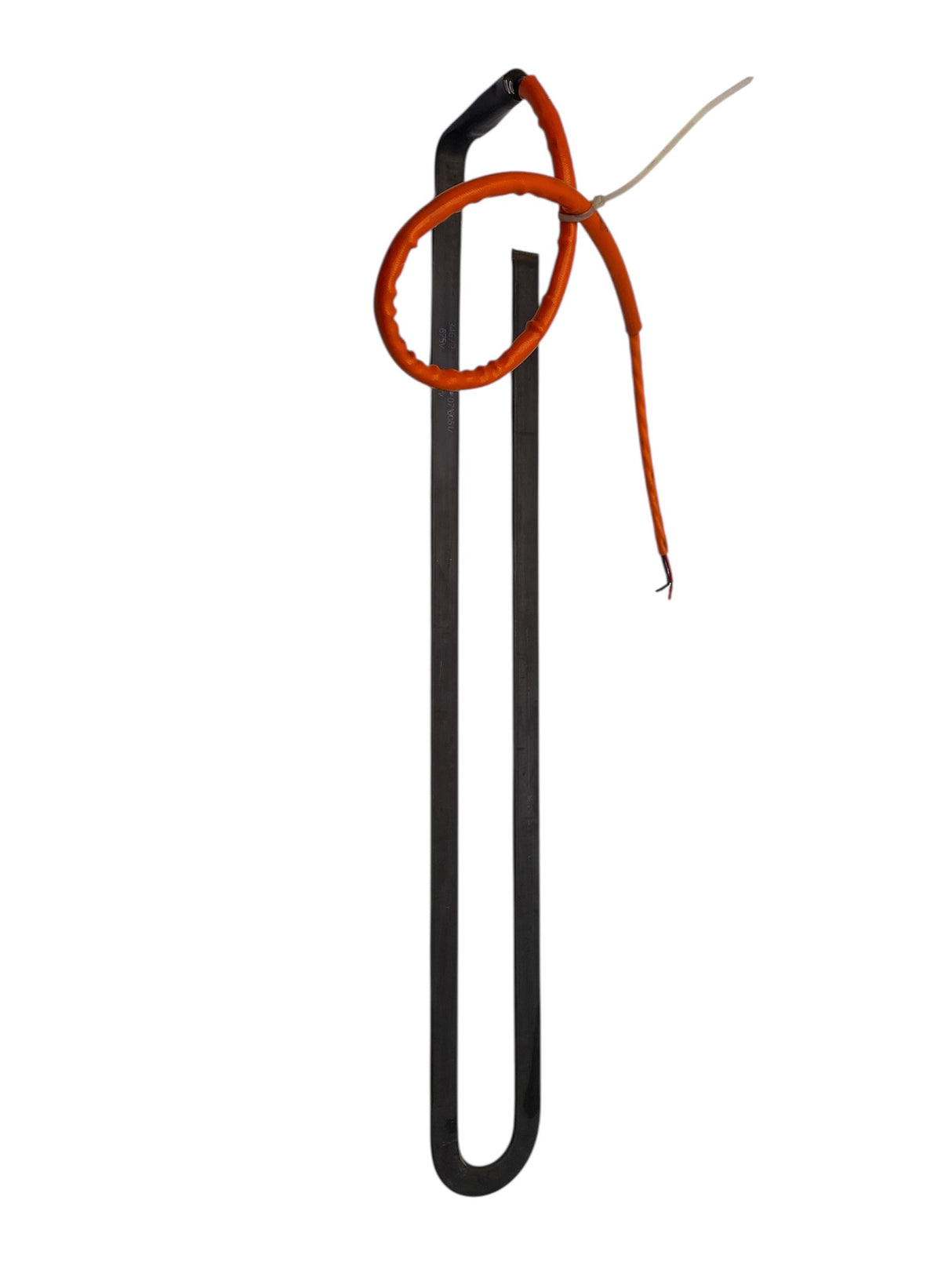 Black metal U-shaped tool with orange rope on a white background
