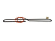 Heating element with red heating coil and black metal frame on a white background
