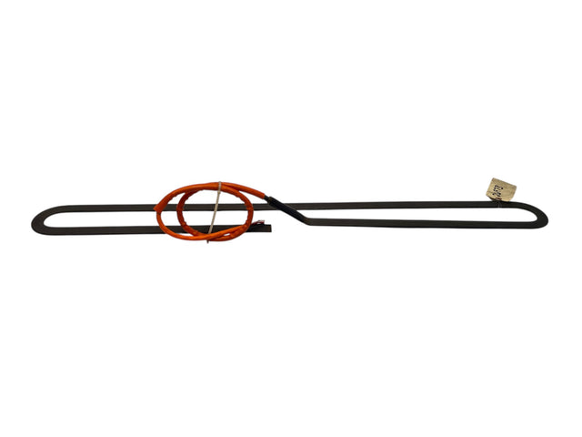 Heating element with red heating coil and black metal frame on a white background