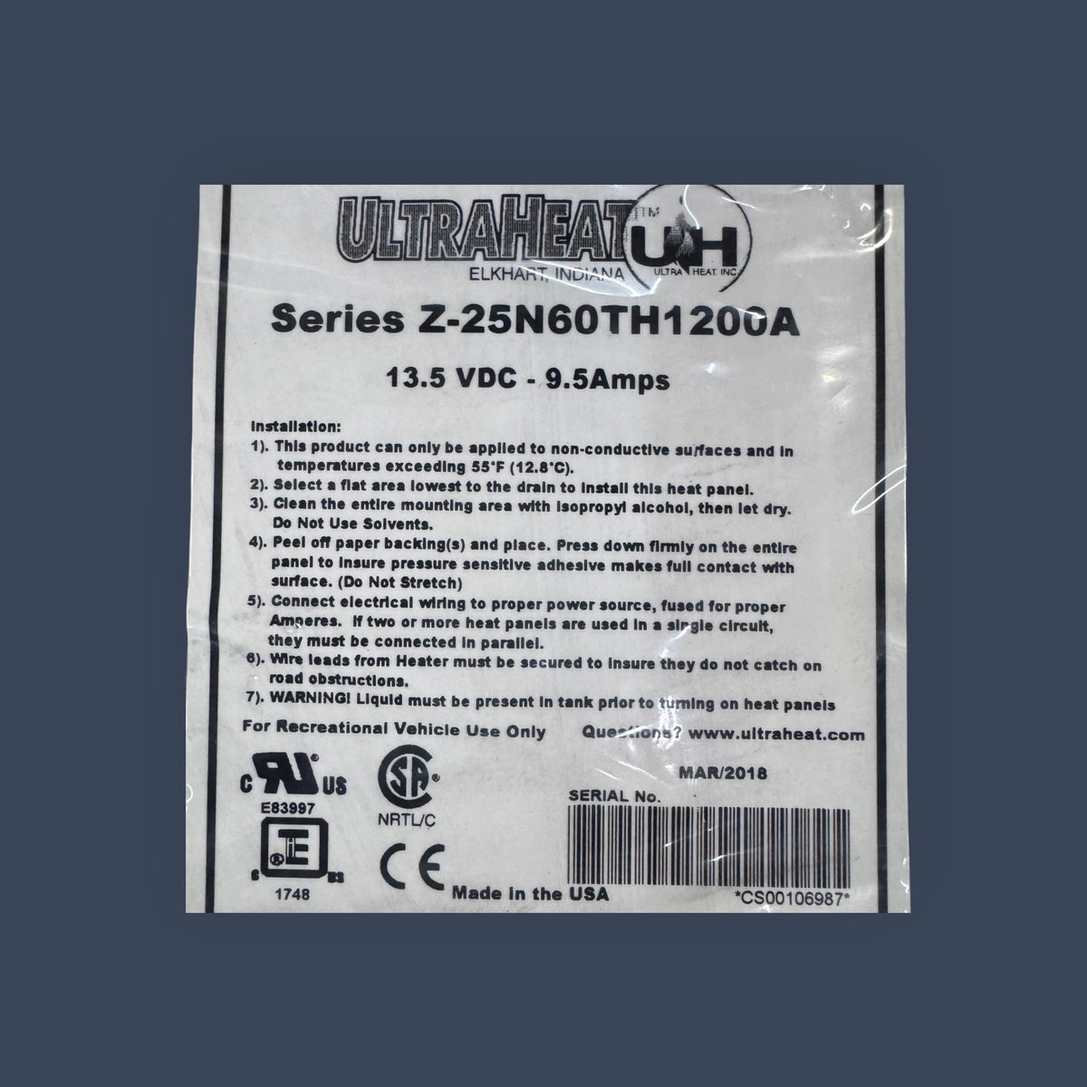 UltraHeat | AMM1200 / AM1200 | RV Holding Tank Heater | 12" x 20" | 40 Gallon | 13.5V DC