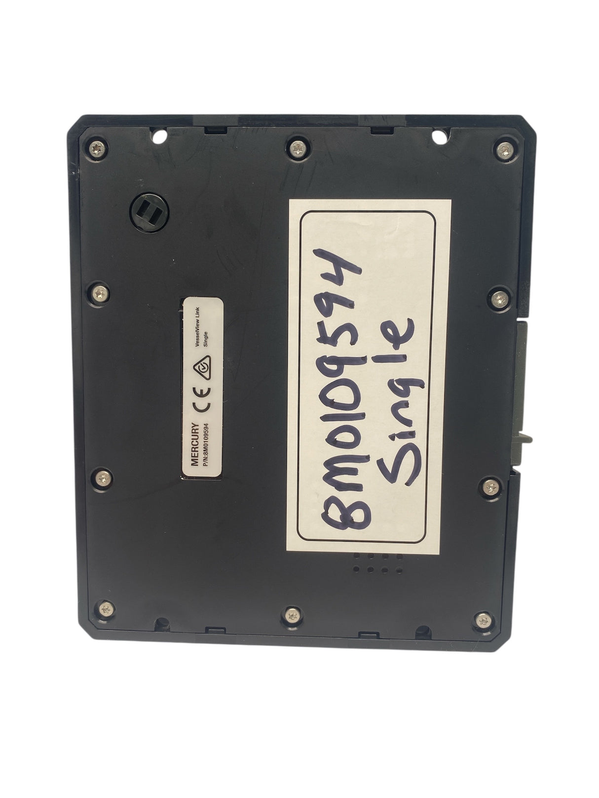 Black electronic device with a label on a white background
