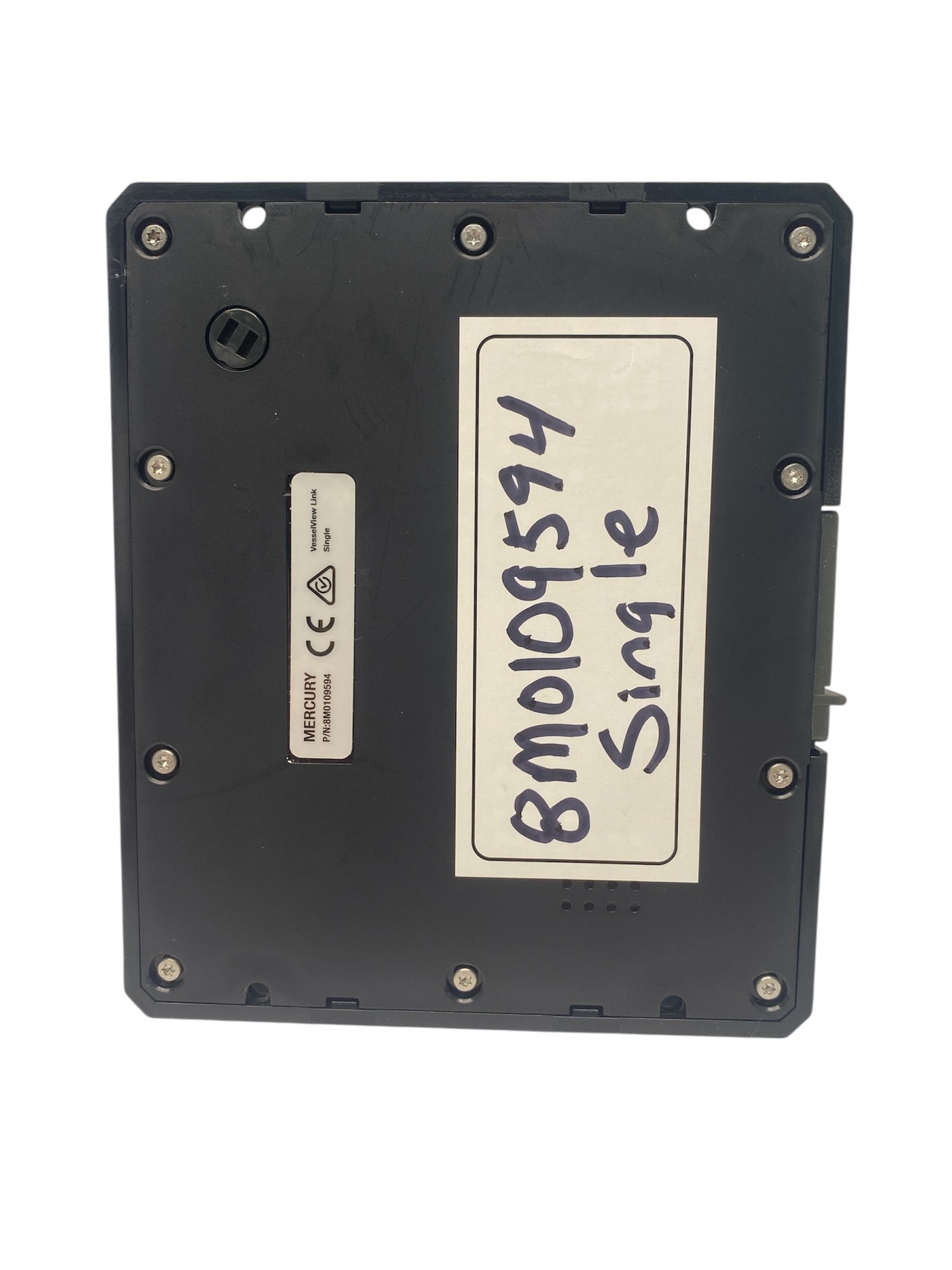 Black electronic device with a label on a white background