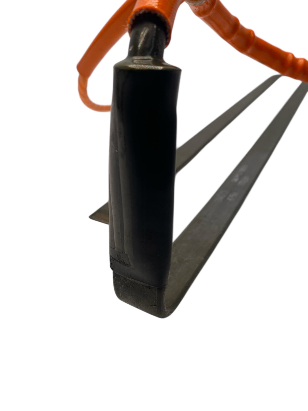 Black crossbow bolt with orange string on a white background