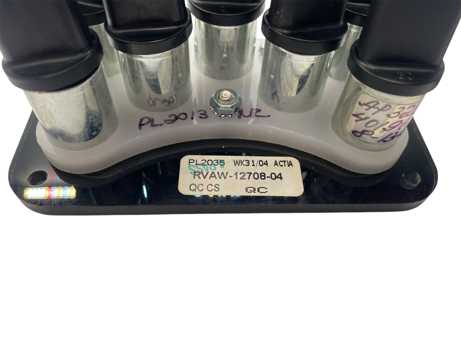 Electrical component with multiple connectors and labels on a white background