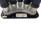 Electrical component with multiple connectors and labels on a white background