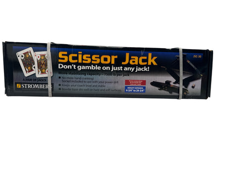 Scissor jack packaging with branding and product details on a white background
